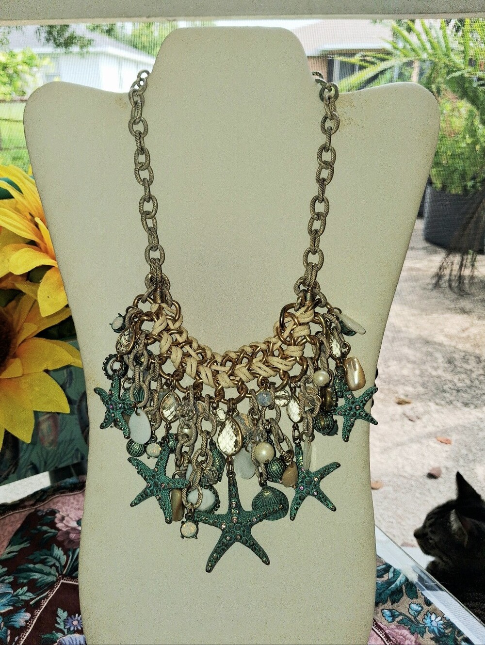 Statement Starfish Charm Necklace in Teal and Gold - Women Jewelry